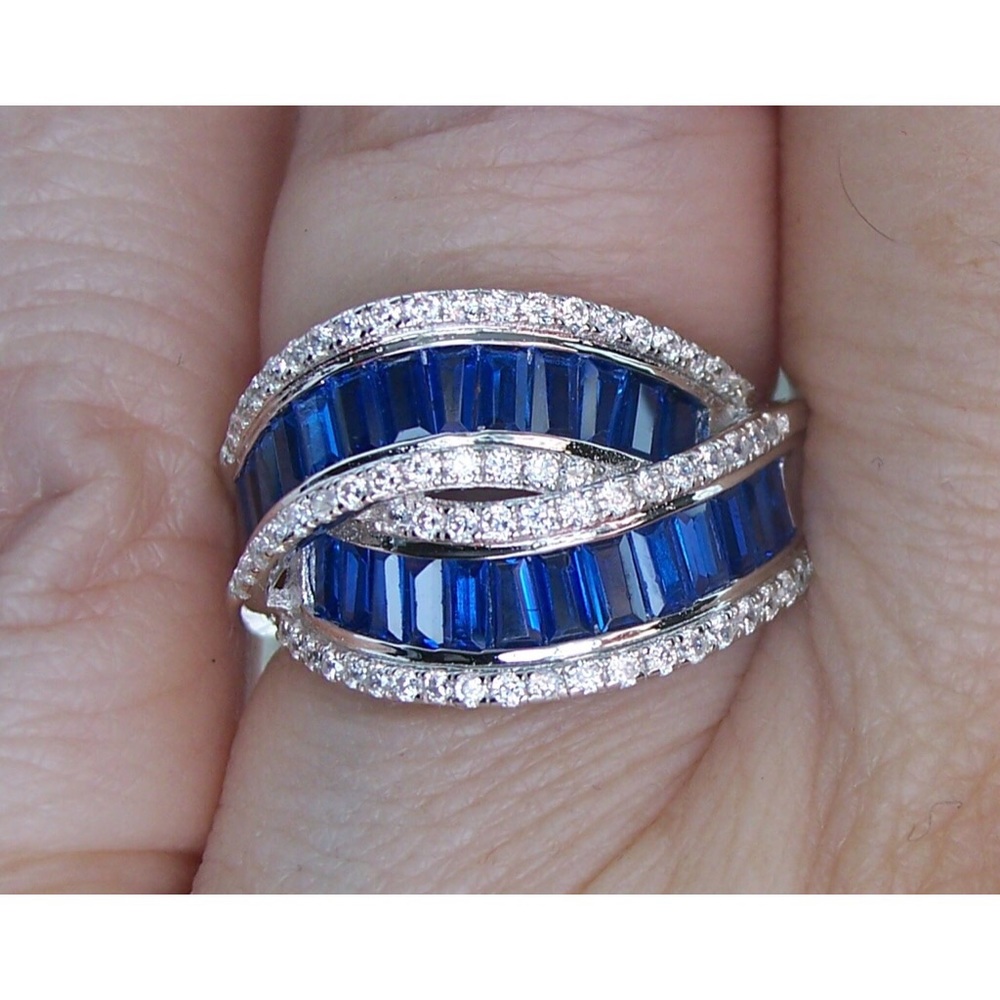925 STERLING SILVER Blue Spinel & Cubic Zirconia Crossover Ring - Picture 3 of 15